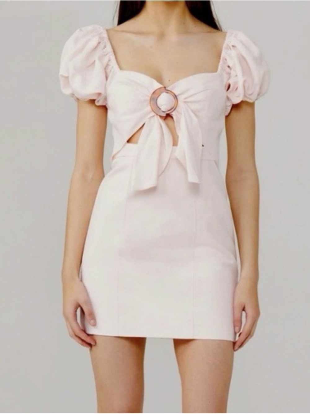 Puff Sleeve Tie-Front Mini Dress in Pale Pink